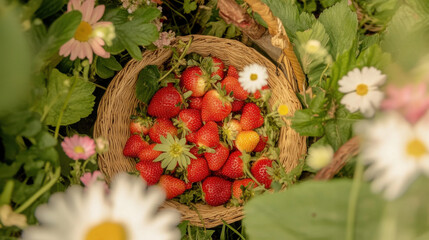 A woven basket brimming with ripe strawberries, surrounded by vibrant flowers, capturing a serene, natural garden scene.