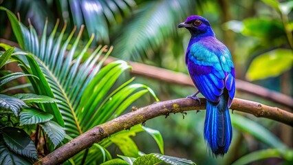 Naklejka premium Vibrant iridescent avian perched on a branch amidst lush tropical foliage, showcasing its brilliant plumage