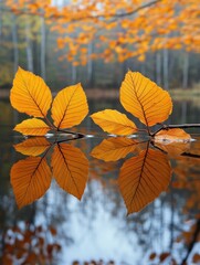 Obraz premium Autumnal Serenity Golden Leaves Reflecting on Calm Lake Surface Capturing Nature's Beauty and Tranquility in a Forest Setting