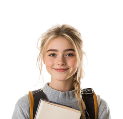 Student smiling with books portrait bright isolated on transparent background png
