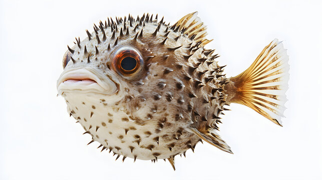 
Pufferfish expanding into a spiky ball, unique ocean defense mechanism, fish isolated on white