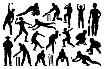 Set of cricket players silhouette on the field. Black and white Vector Illustration