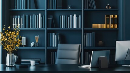Modern CEO Office Setup with Dark Bookshelf and Sleek Furniture for Professional Work Environment