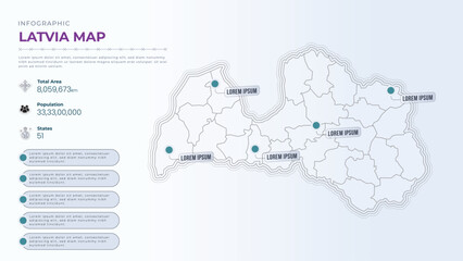 Total Area, Papulation, States & More Detailed Infographic Map of Latvia. Latvia country map infographic colored vector template with regions and pointer marks.