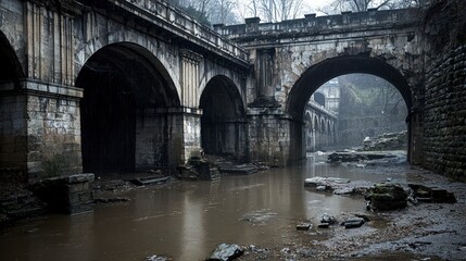 Fototapeta premium Traders transport goods along ancient roman highways historic architecture rivers foggy environment ground perspective