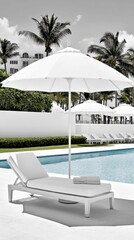 Fototapeta premium White lounge chair by a pool with a white umbrella, under palm trees. Relaxing summer vacation scene.