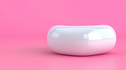 White glossy object, bean shaped, sits on a pink background. Minimalist product display, clean lines, studio lighting. 3D render.