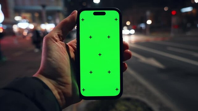 Close-up pov view male hand holding modern smartphone keylight green screen gadget in street at night, camera locked on cell phone chroma key display, bokeh of big city illumination lights in evening