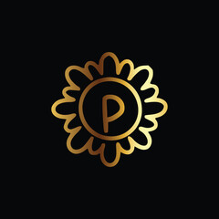 Golden letter P monogram in floral badge style in black background luxury emblem design