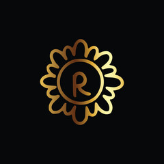 Golden letter R monogram in floral badge style in black background luxury emblem design