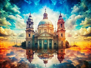 Buenos Aires Colorful Catholic Church Double Exposure - Sunny Sky Clouds Stock Photo