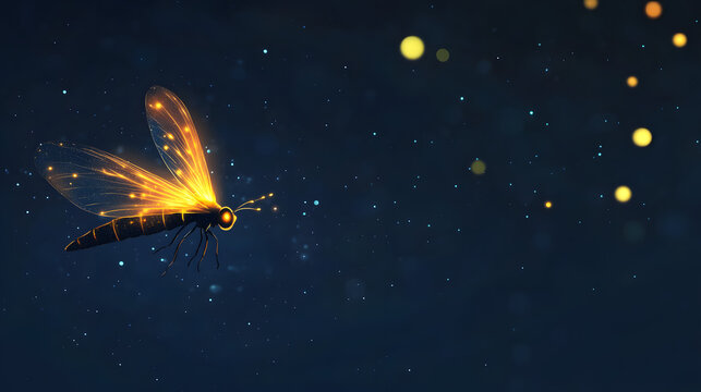 Firefly hovering in a summer night sky, glowing and magical, cut out on transparent background