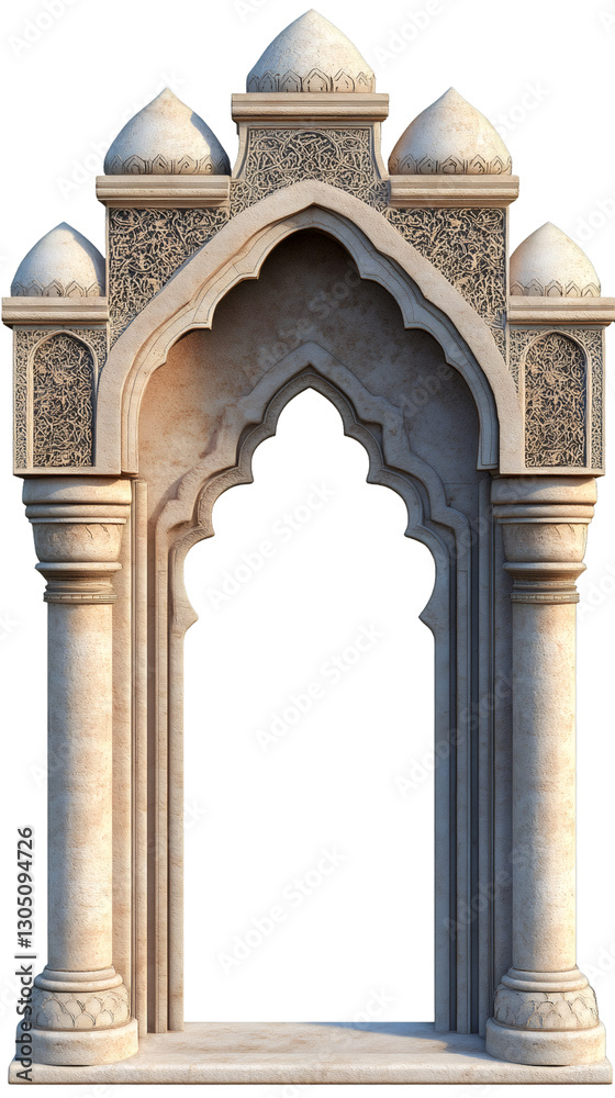 Poster ancient mughal arch featuring intricate carvings and domes, isolated on a transparent background for