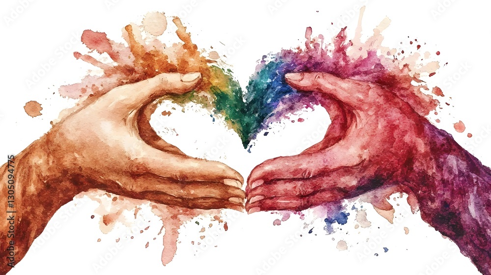 Poster stunning hand painted watercolor composition of two intertwined hands shaping a heart using soft pas