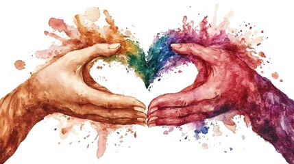 Stunning hand painted watercolor composition of two intertwined hands shaping a heart using soft pastels and vivid splashes to evoke warmth compassion and