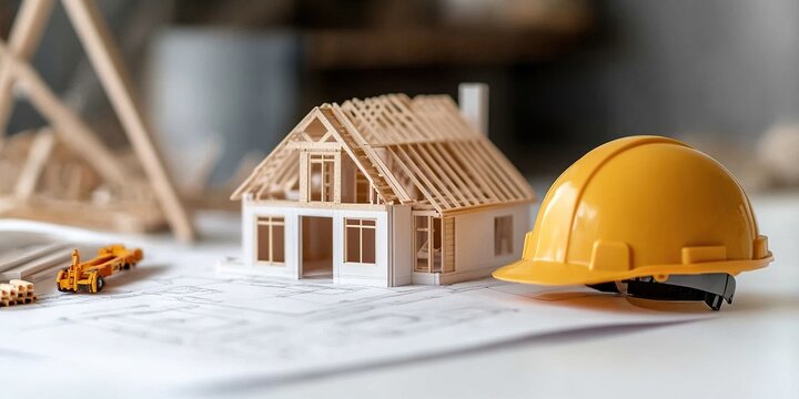 Blueprint of Dreams: A miniature house under construction rests on architectural blueprints beside a yellow hard hat, suggesting new beginnings and the planning stages of a home