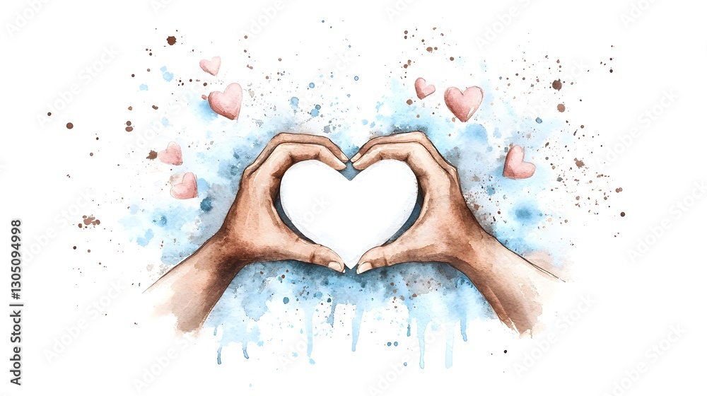 Poster a visually captivating watercolor depicting hands coming together in a heart shape symbolizing the b