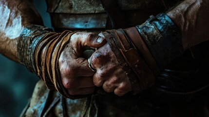 A warrior wearing leather armbands clasps both dirty hands together