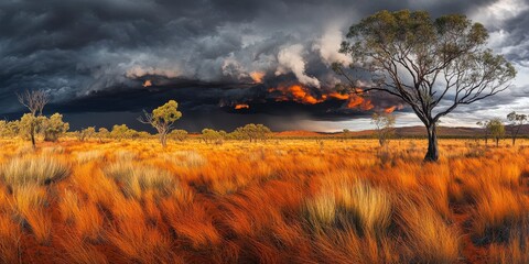 Dramatic Landscape Of Golden Grass Plains Under Dark Storm Clouds In Australia Area