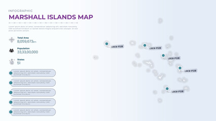 Total Area, Papulation, States & More Detailed Infographic Map of Marshall Islands. Marshall Islands country map infographic colored vector template with regions and pointer marks.
