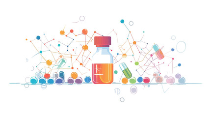 A stylized illustration depicting a medical vial filled with a yellowish-orange liquid, featuring a red cap.  The vial is centrally positioned against a white background.  Surrounding the