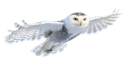Fototapeta premium Snowy owl flying over an Arctic landscape, silent and ghostly