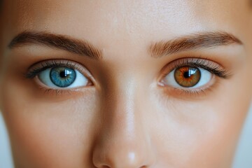 Fototapeta premium Close-up of human eyes with heterochromia, one brown and one blue, showing unique eye pigmentation and symmetrical facial features