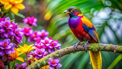 Obraz premium A Vibrant Tropical Bird Perched on a Mossy Branch Amidst a profusion of Colorful Blossoms in a Lush, Verdant Garden