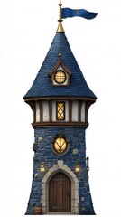 A whimsical blue and brown stone tower with a pointed roof, illuminated windows, and a small flag, standing against a white background.