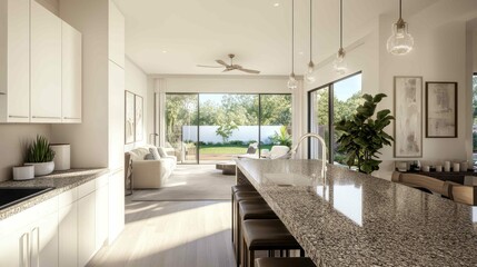Fototapeta premium Sophisticated kitchen space with a long granite island, natural light, and backyard access