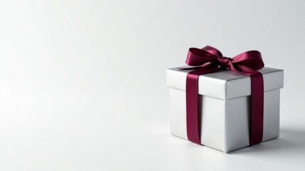 Obraz premium A silver gift box adorned with a deep maroon ribbon, signifying a thoughtful present