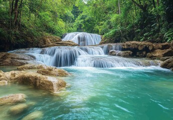 Serene Waterfall Cascading Over Rocks in a Lush Green Forest with Crystal Clear Pool Beneath, Nature's Tranquility Captured in Stunning Landscape Photography