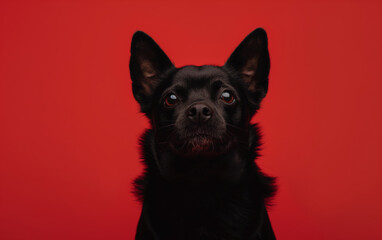 Obraz premium Schipperke dog on minimalistic colorful background with Copy Space. Perfect for banners, veterinary ads, pet food promotions, and minimalist designs.