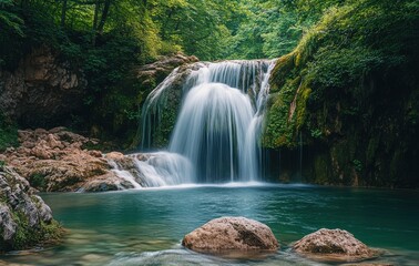 Serene Waterfall Cascading Over Rocks Surrounded by Lush Green Forest in a Tranquil Natural Setting