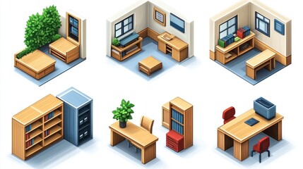 Isometric office rooms and furniture set with plants