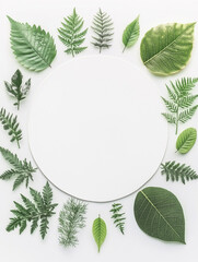 Fototapeta premium Botanical Circle: An artistic collection of diverse green leaves arranged artfully around a central circular space, inviting copy or design, exuding freshness.