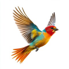 Fototapeta premium Colorful Bird in Flight with Vibrant Feathers and Detailed Plumage against White Background