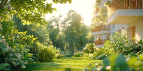 Lush Garden with Apartment Balconies: An idyllic garden scene with vibrant greenery, sunlit pathways, and modern apartment balconies. Perfect for evoking tranquility and a sense of well-being. 