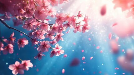 Fototapeta premium Cinematic cherry blossom background with glowing petals under a misty golden sunset sky