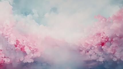 Fototapeta premium Translucent pink cherry blossom petals dissolve into a misty sky in this surreal backdrop
