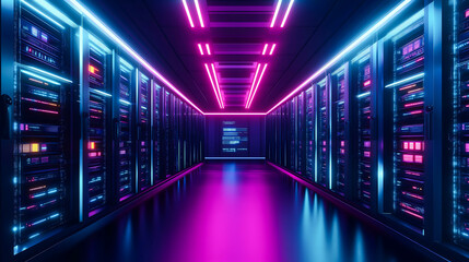 Fototapeta premium The large futuristic storage center with neon light, Server room, Data center and data connectivity technology 