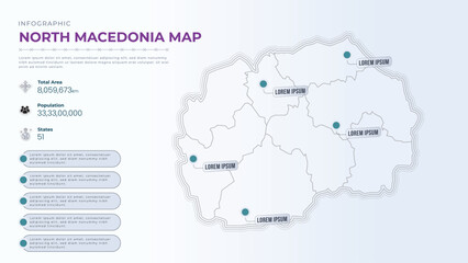 Fototapeta premium Total Area, Papulation, States & More Detailed Infographic Map of North Macedonia. North Macedonia country map infographic colored vector template with regions and pointer marks.