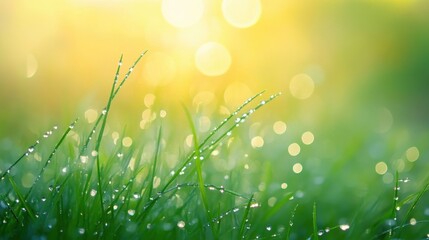 Obraz premium Green grass bends under the weight of dewdrops illuminated by warm morning light