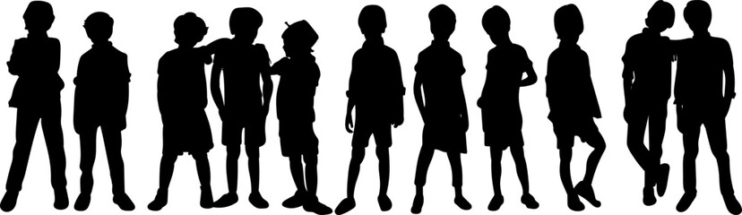 children standing set of black silhouettes, vector