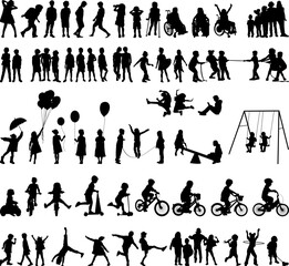 kids, children playing set of black silhouettes, vector