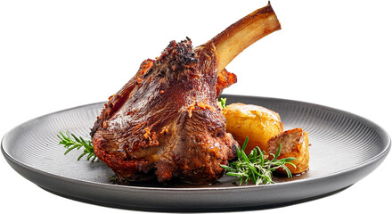 Roasted Lamb Shank with Potatoes and Rosemary on a Dark Plate