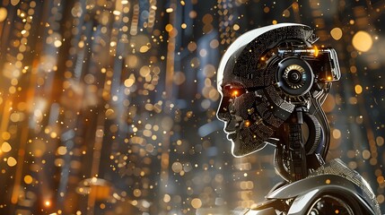 Futuristic Robot Head in a Sparkling Cityscape