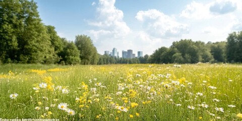 Obraz premium Urban Oasis: A vibrant cityscape peeks from beyond a lush field of wildflowers under a bright sky, merging nature with modern life, creating a scenic contrast.