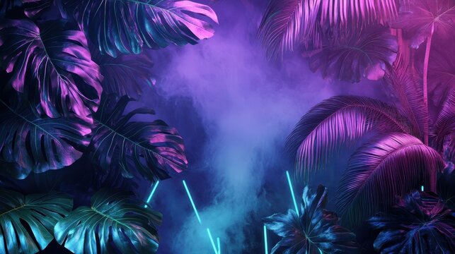 Neon jungle with oversized tropical leaves in purple light misty vapor swirling in the background
