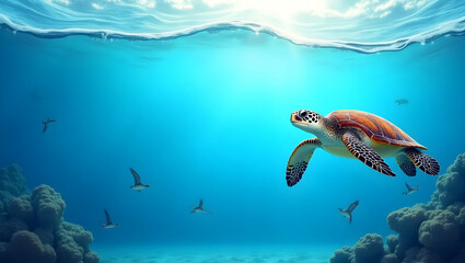 Naklejka premium Sea Turtle and Ocean Waves Border Frame for World Wildlife Day